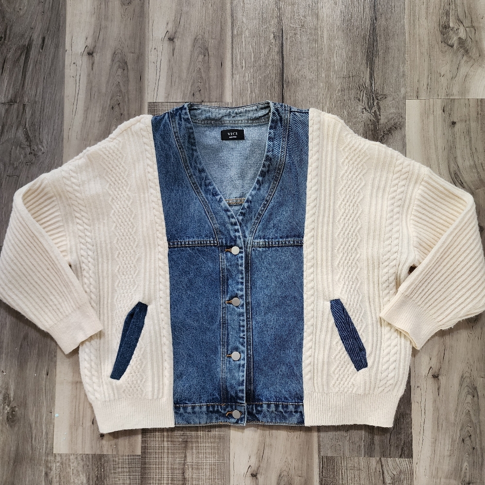Vici Denim and Cream Cardigan Sweater - Picture 7 of 8